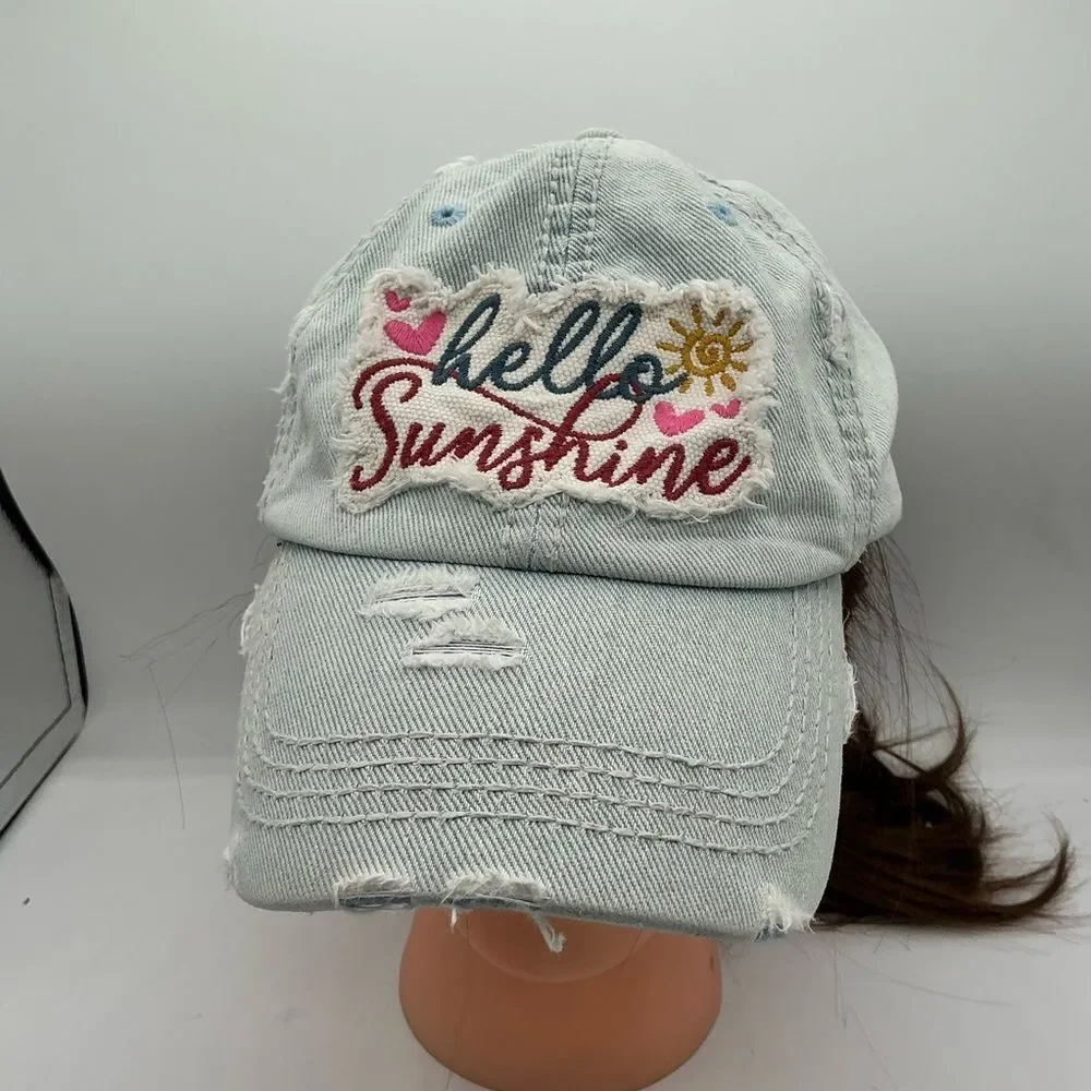 Hello Sunshine Ladies Distressed Denim Cap